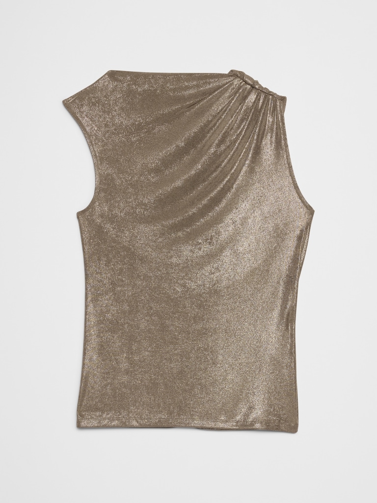 Foiled Ribbed Draped-Shoulder Top