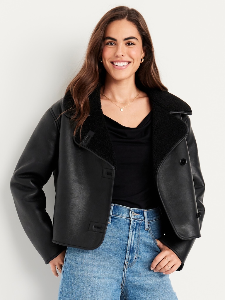 Oversized Faux-Leather Sherpa Jacket