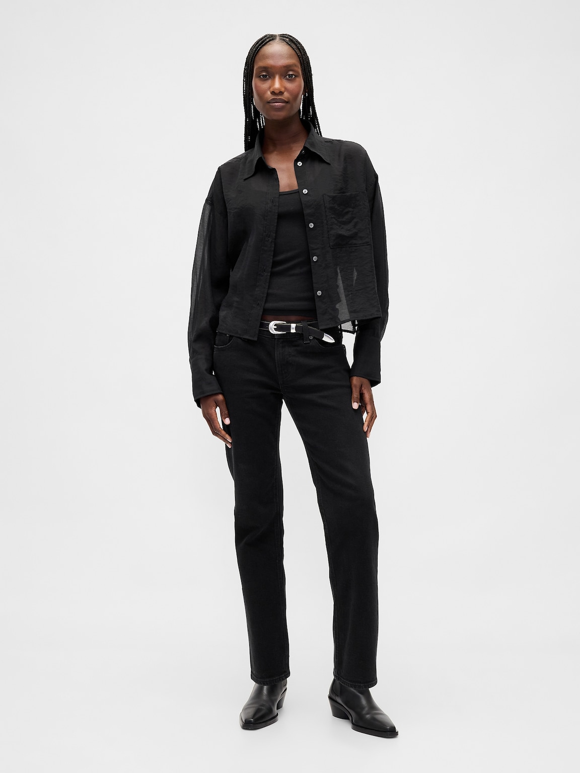 Sheer Straight-Hem Crop Shirt