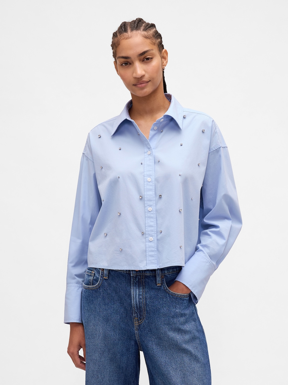 Organic Cotton Embellished Straight-Hem Crop Shirt