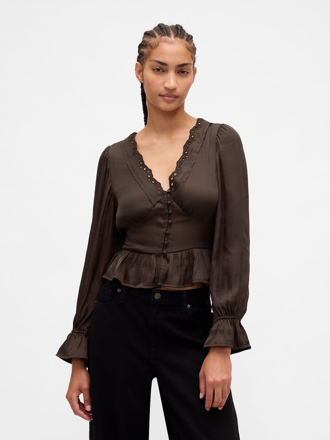 Eyelet V-Neck Peplum Top