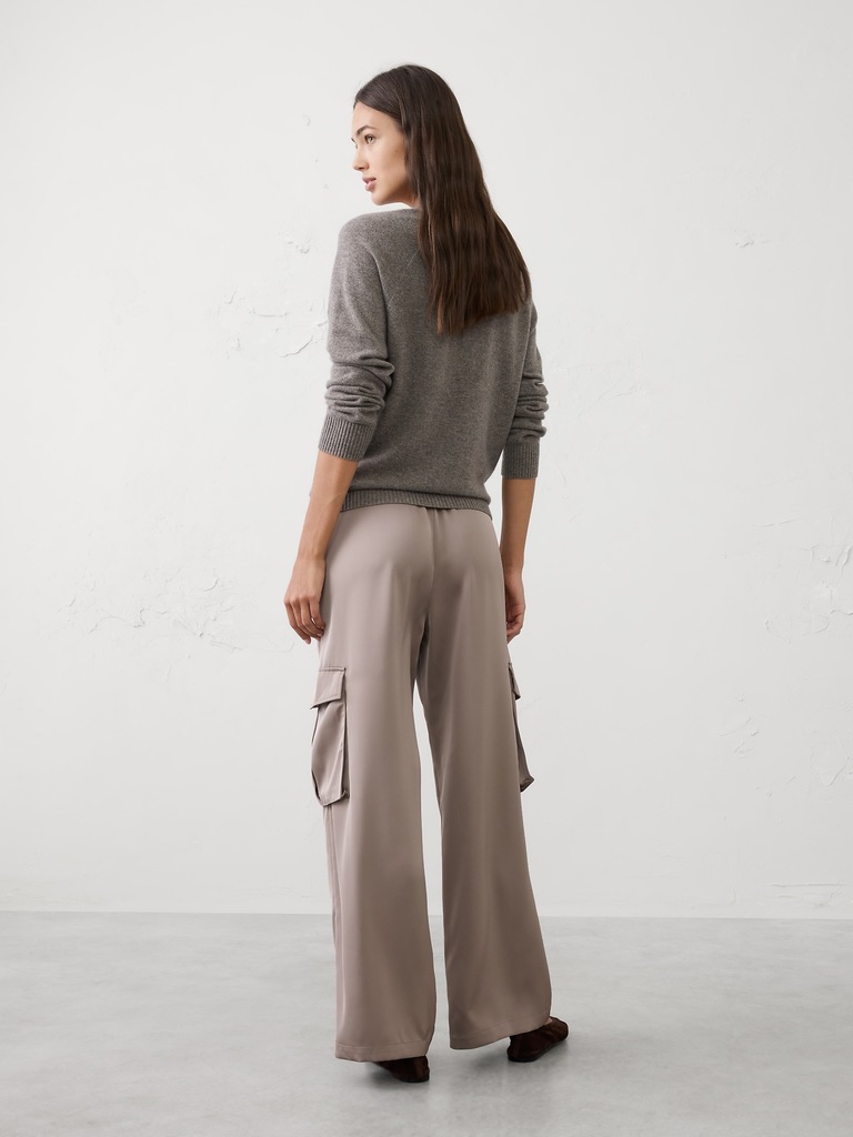Wide-Leg Mid-Rise Satin Pull-On Cargo Pant