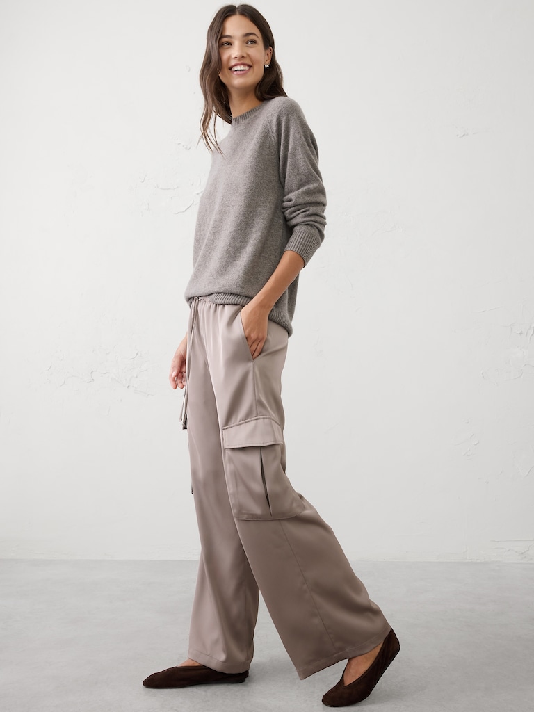 Wide-Leg Mid-Rise Satin Pull-On Cargo Pant