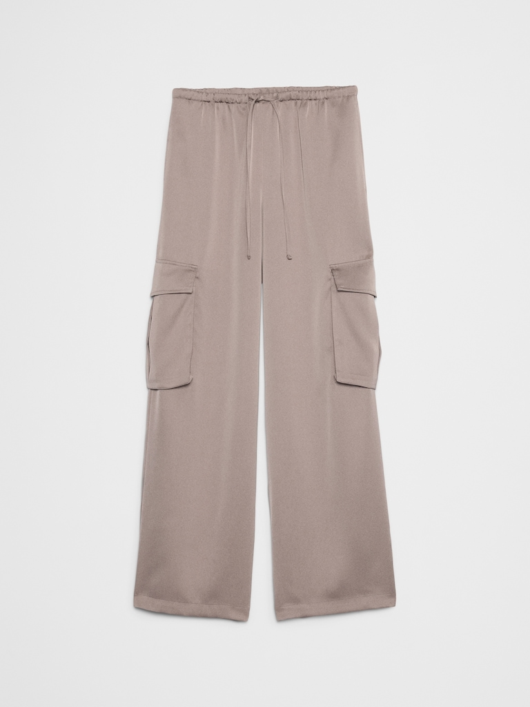 Wide-Leg Mid-Rise Satin Pull-On Cargo Pant