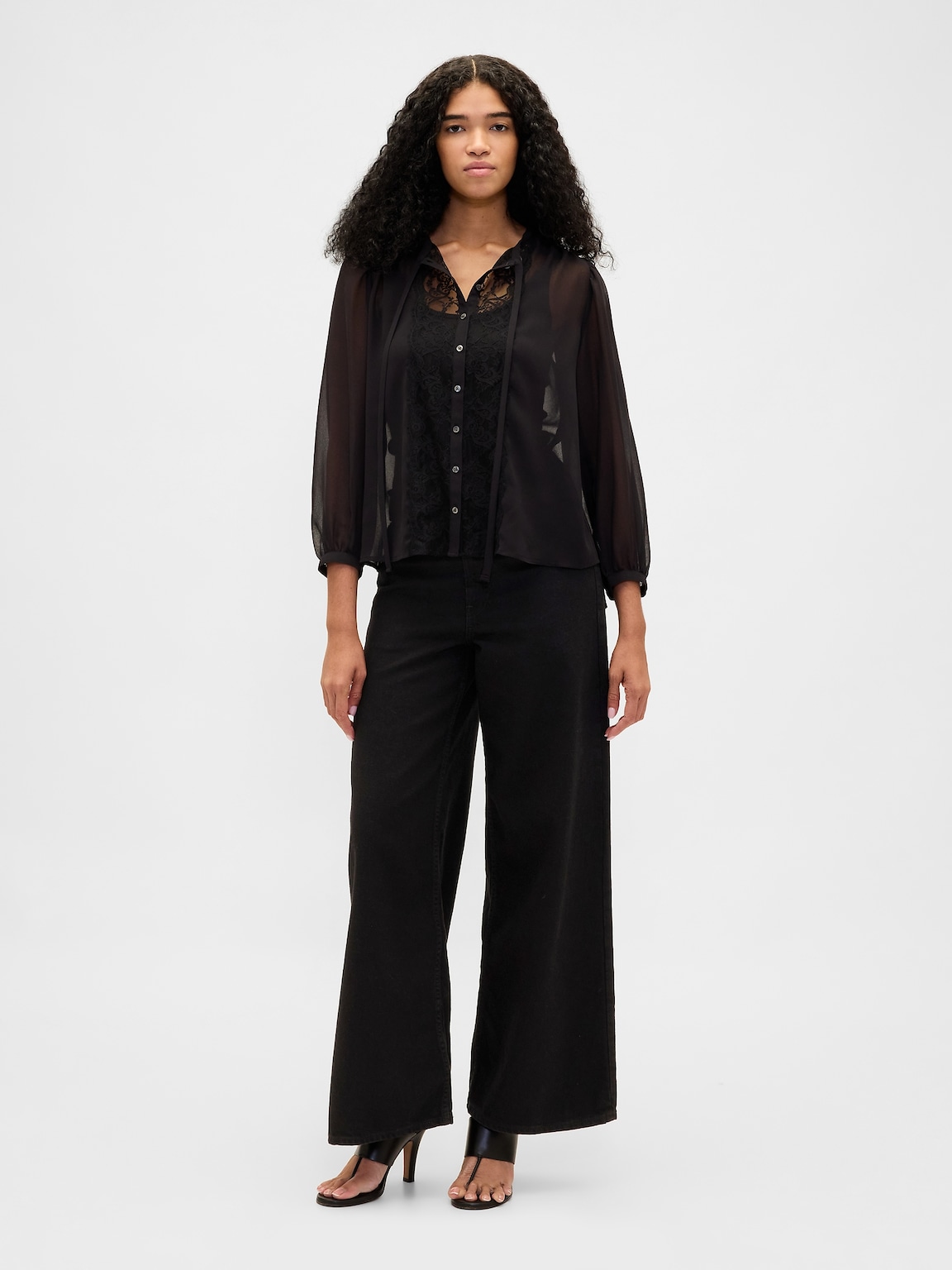 Sheer Recycled Lace Inset Tie-Neck Top