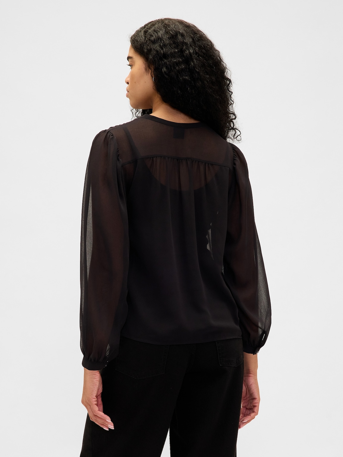 Sheer Recycled Lace Inset Tie-Neck Top