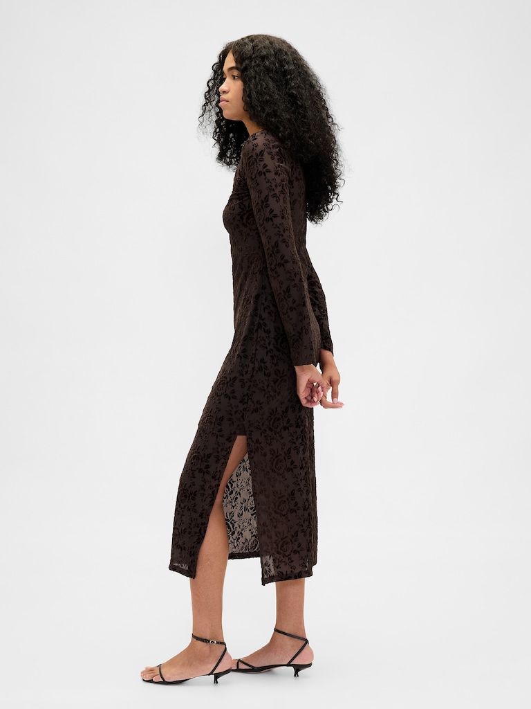 Burnout Velvet Bell-Sleeve Midi Dress