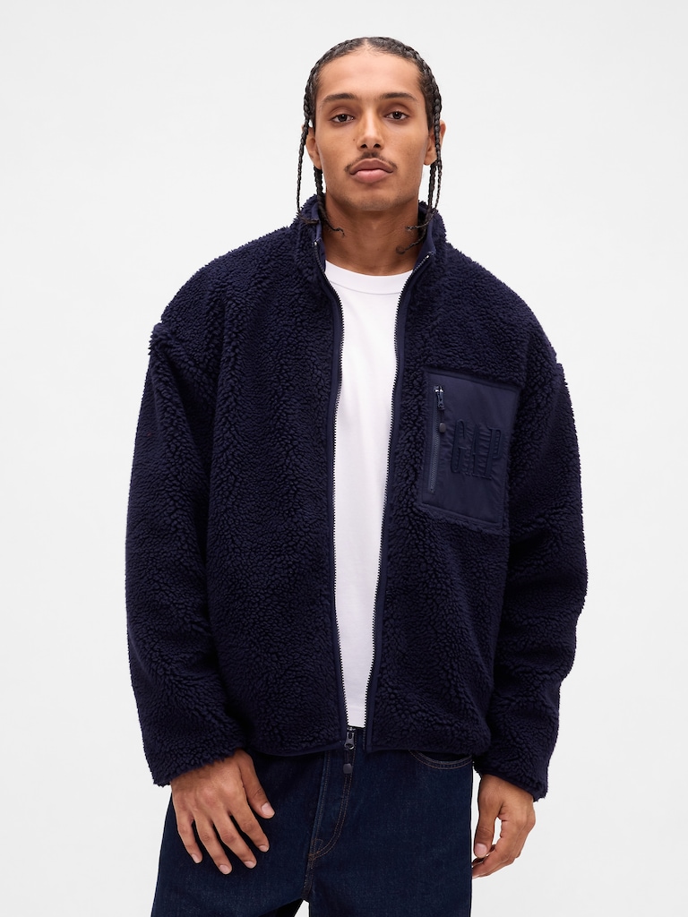 Recycled Sherpa Oversized Logo Zip Jacket