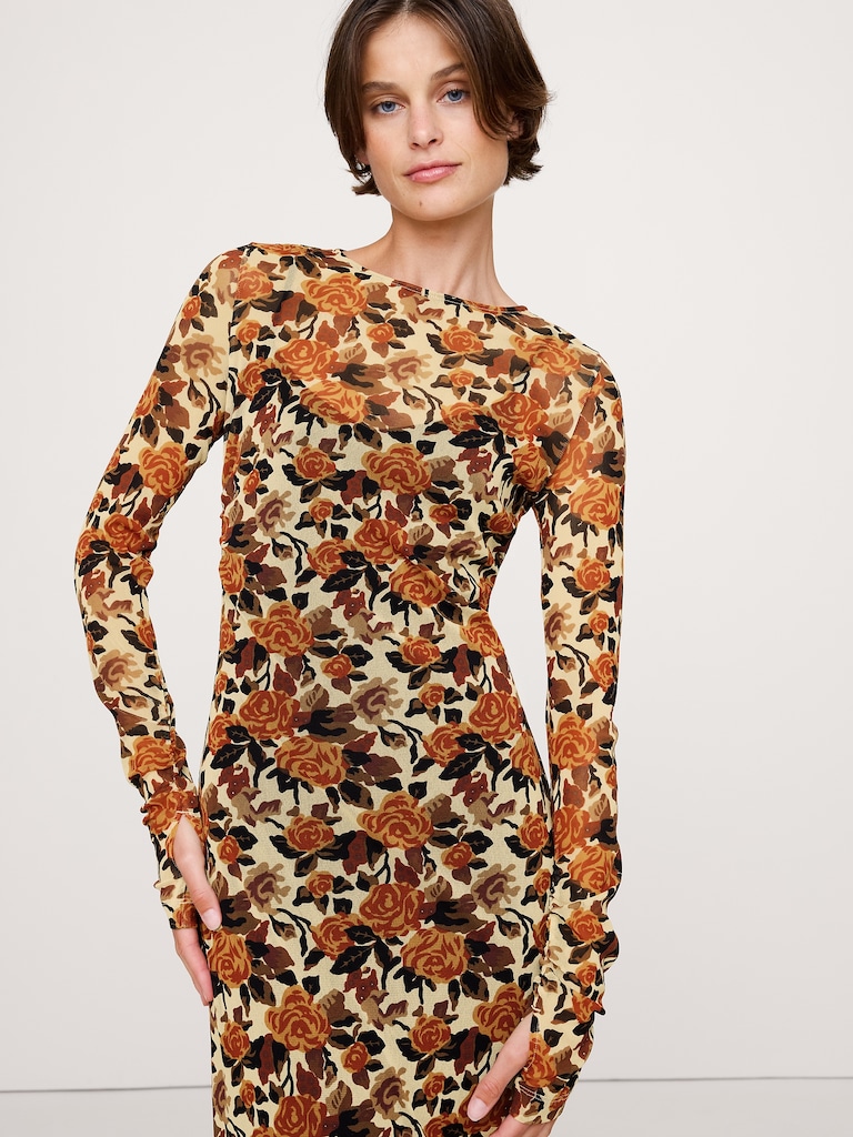 Printed Mesh Maxi Dress