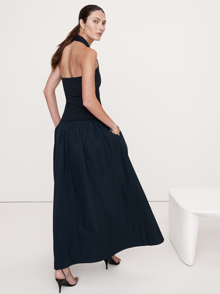 Jersey & Taffeta Halter Maxi Dress