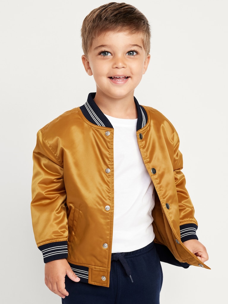 Loose Button-Front Satin Bomber Jacket for Toddler Boys