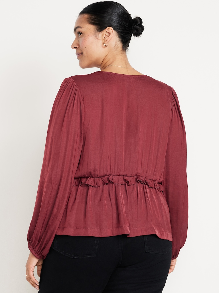 Satin Ruffle Tie-Front Top