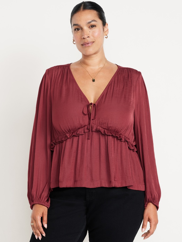 Satin Ruffle Tie-Front Top