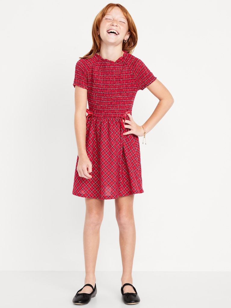 Short-Sleeve Fit and Flare Smocked Bow Dress for Girls