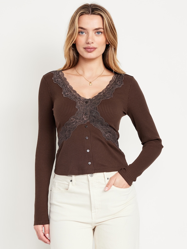 Lace-Trim V-Neck Ribbed Top