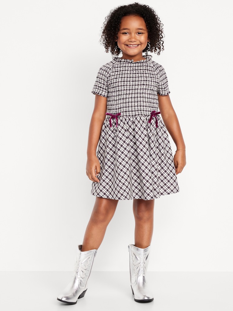 Short-Sleeve Fit and Flare Smocked Bow Dress for Girls