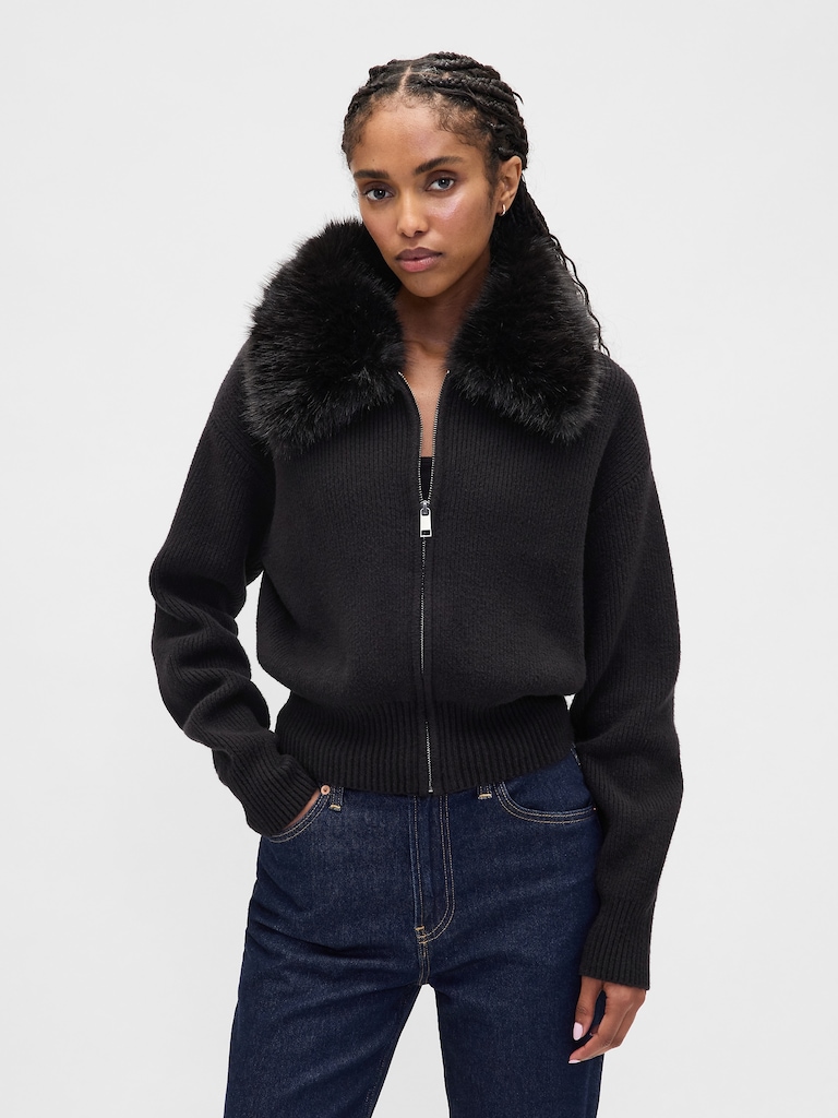 CashSoft Faux-Fur Collar Zip Cardigan Sweater