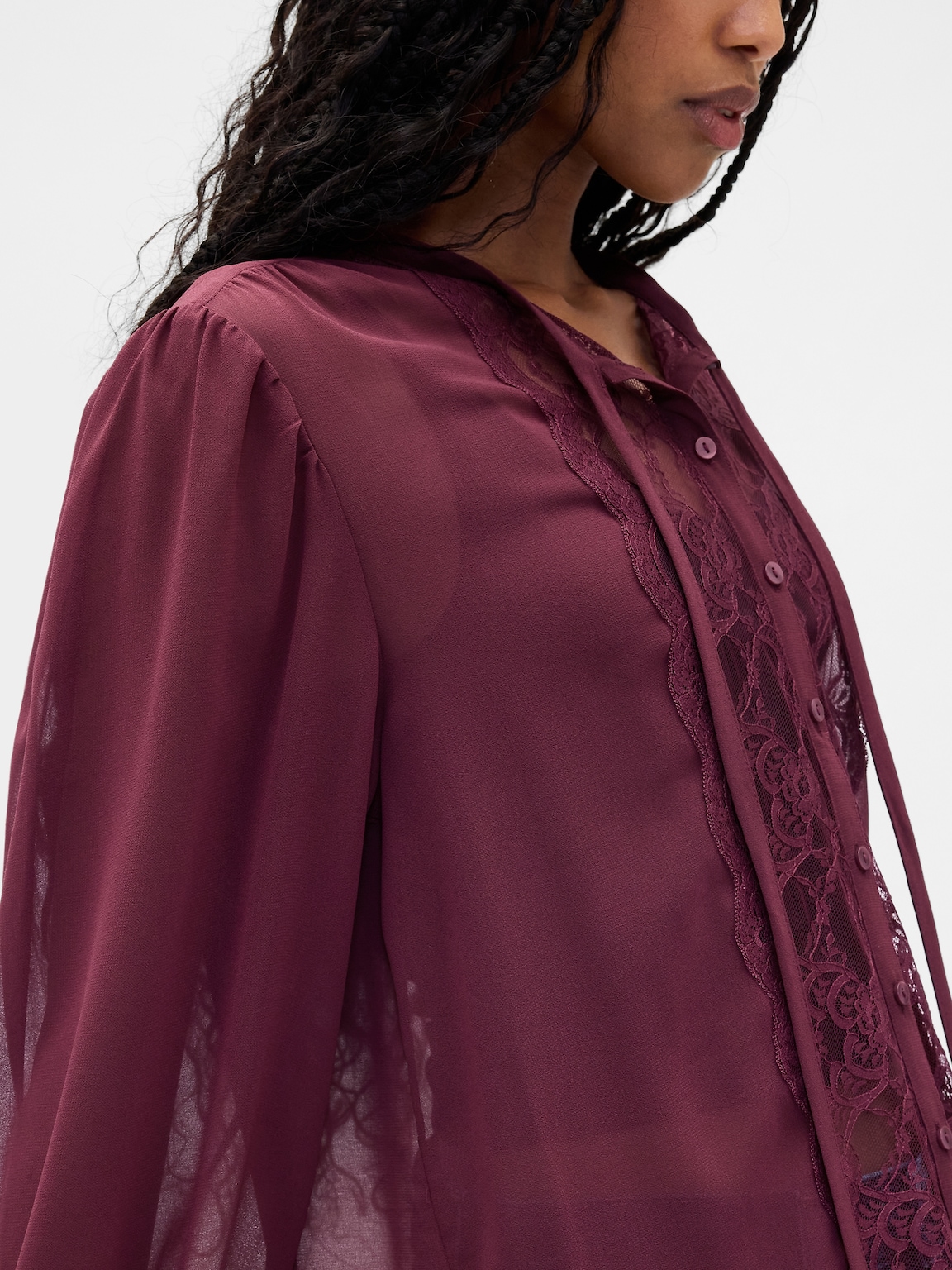 Sheer Recycled Lace Inset Tie-Neck Top