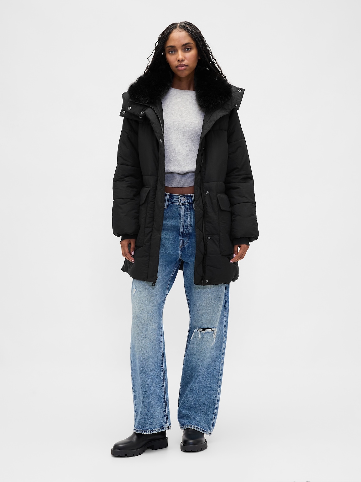 Faux Fur-Trim Midi Puffer Jacket