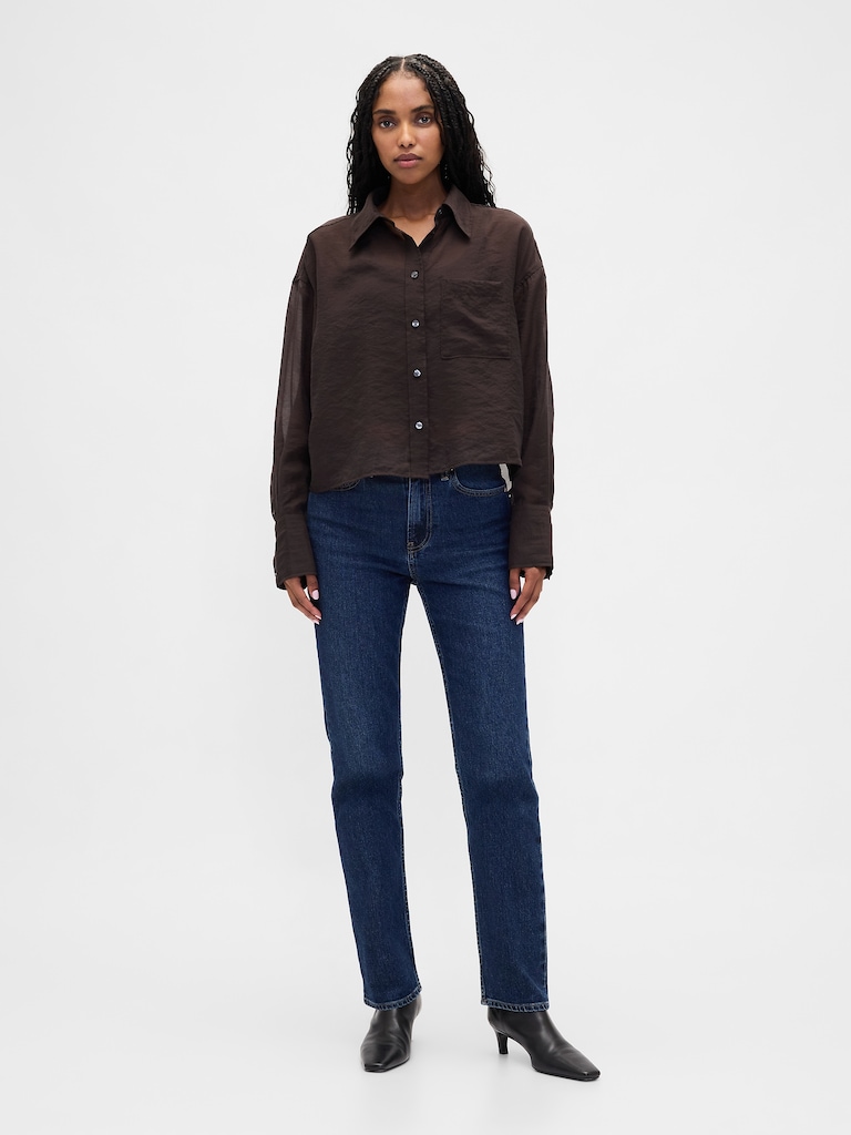 Sheer Straight-Hem Crop Shirt