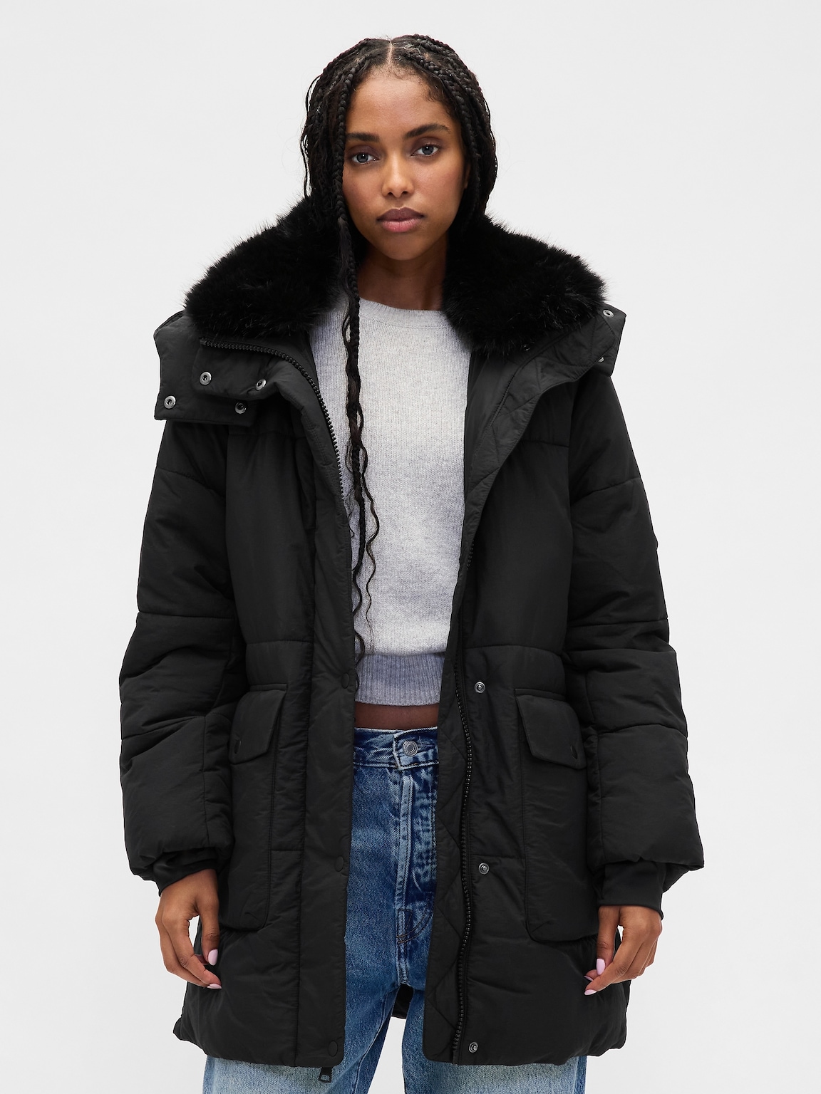 Faux Fur-Trim Midi Puffer Jacket