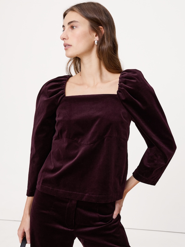 Cotton Velvet Puff-Sleeve Top