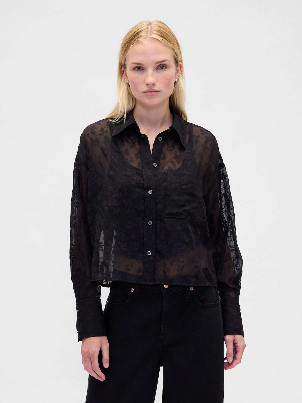 Sheer Straight-Hem Crop Shirt