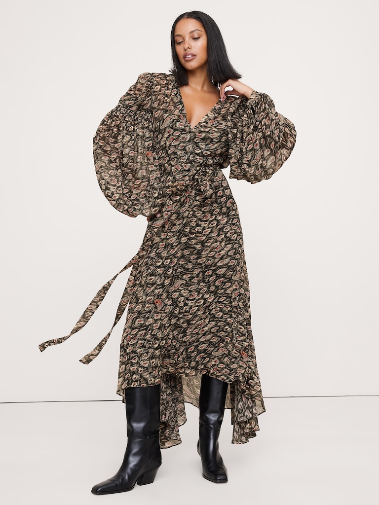 Georgette Puff-Sleeve Maxi Dress