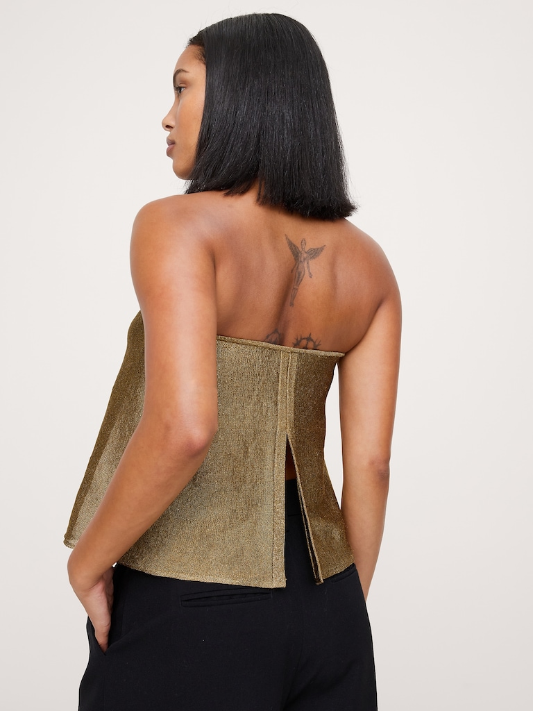 Metallic Strapless Top with Split Back