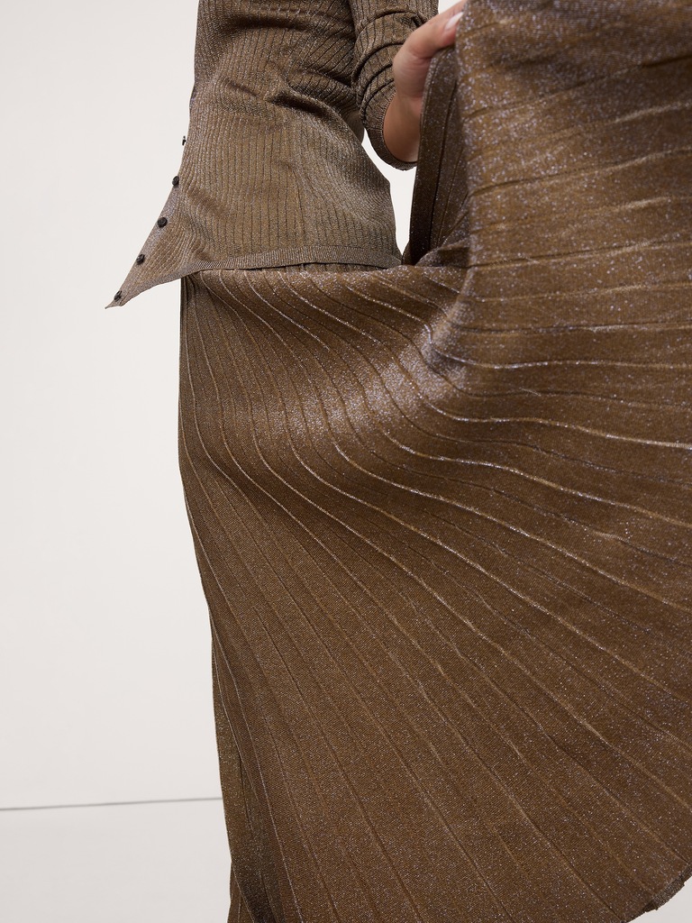 Pleated Metallic Sweater Skirt