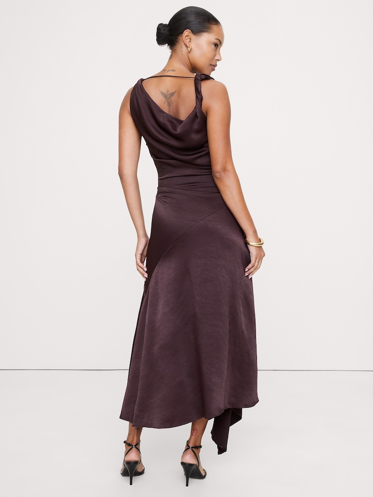 Hammered Satin Twist-Shoulder Dress