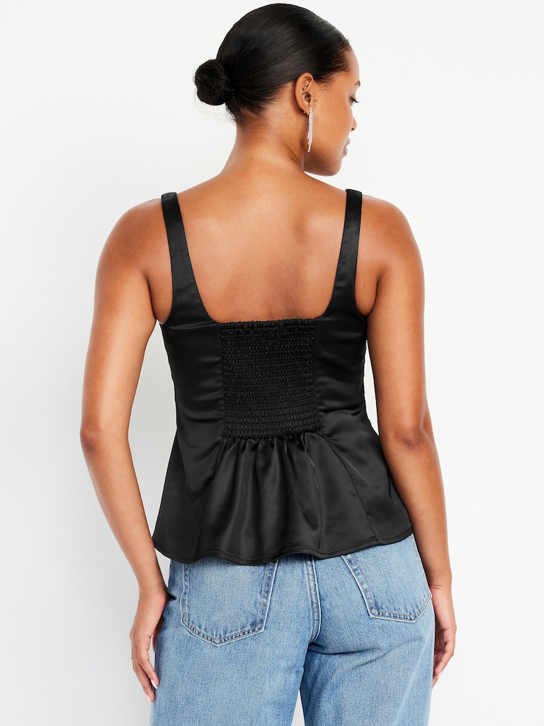 Square-Neck Satin Peplum Top