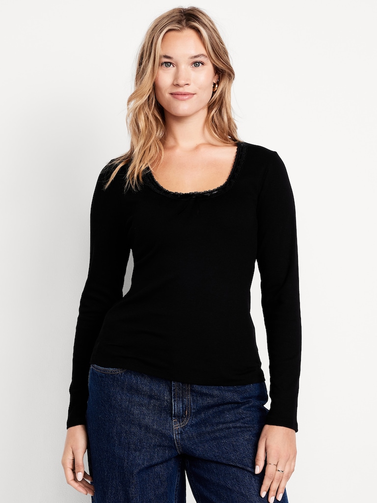 Scoop-Neck Long-Sleeve Ribbed Top