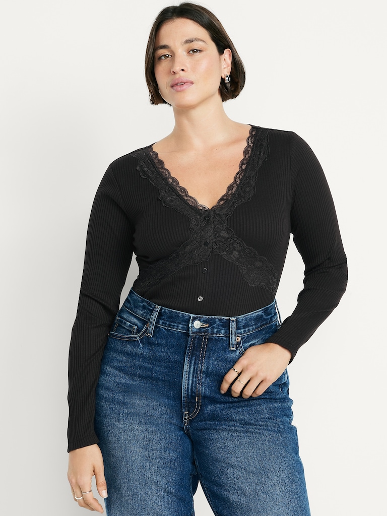 Lace-Trim V-Neck Ribbed Top