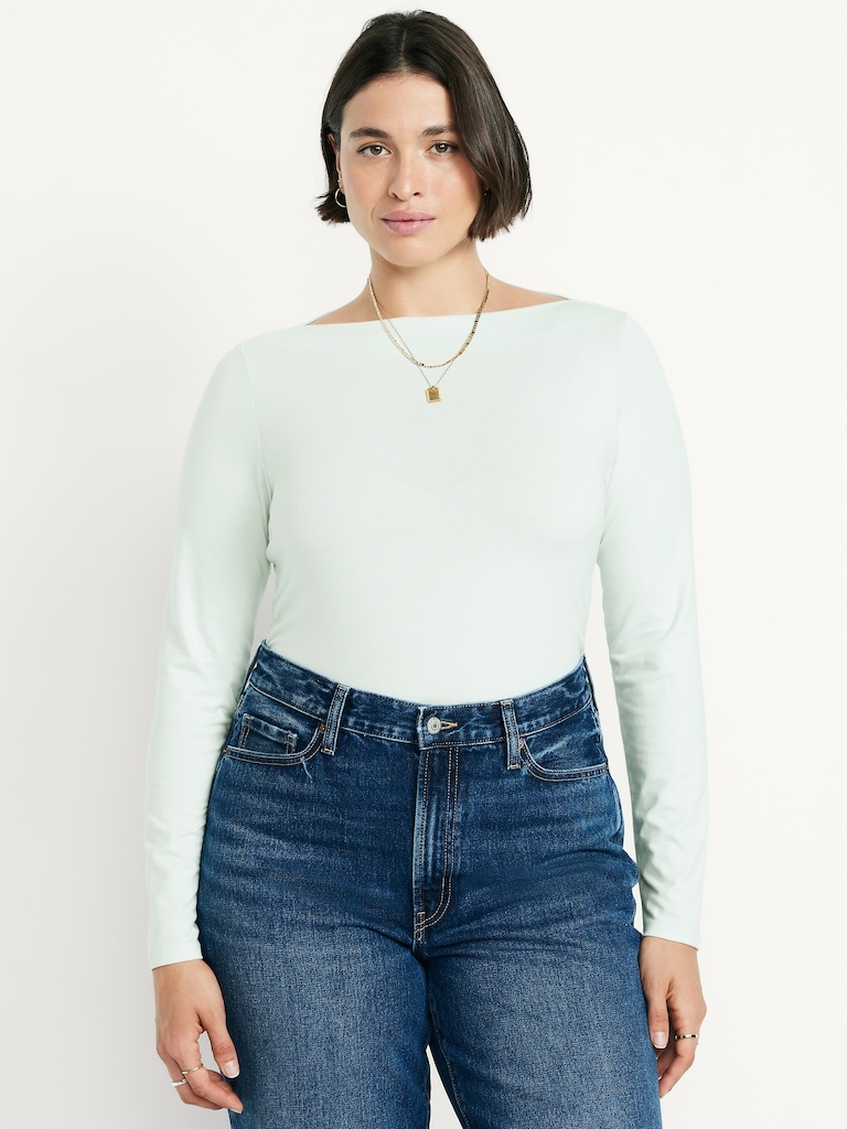 Long-Sleeve Slit-Neck Ruched Top