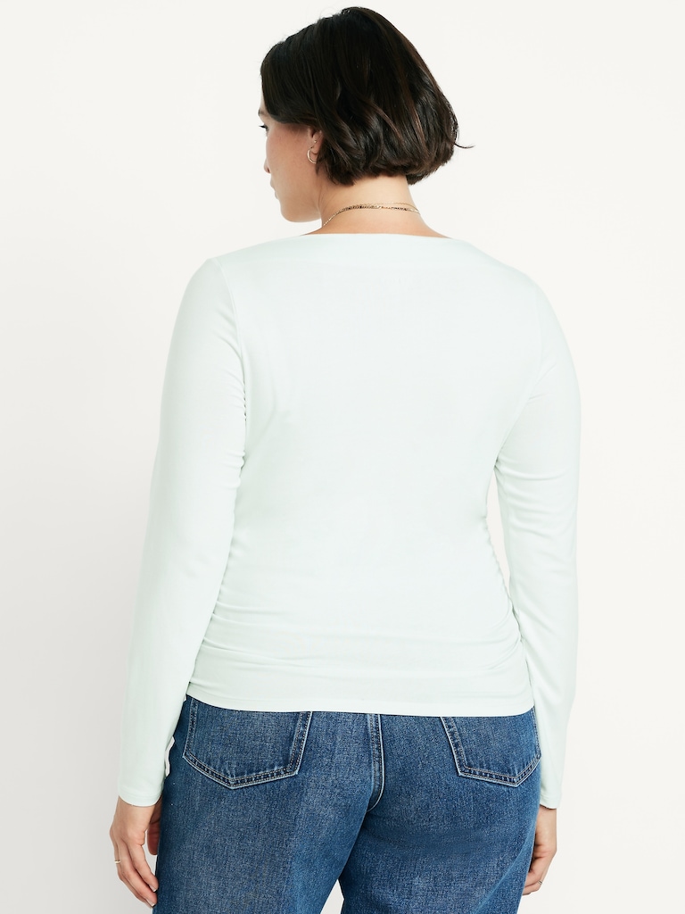 Long-Sleeve Slit-Neck Ruched Top