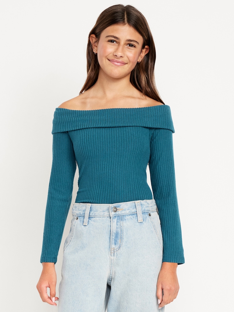 CozePlush Off-Shoulder Long-Sleeve Ribbed Top for Girls