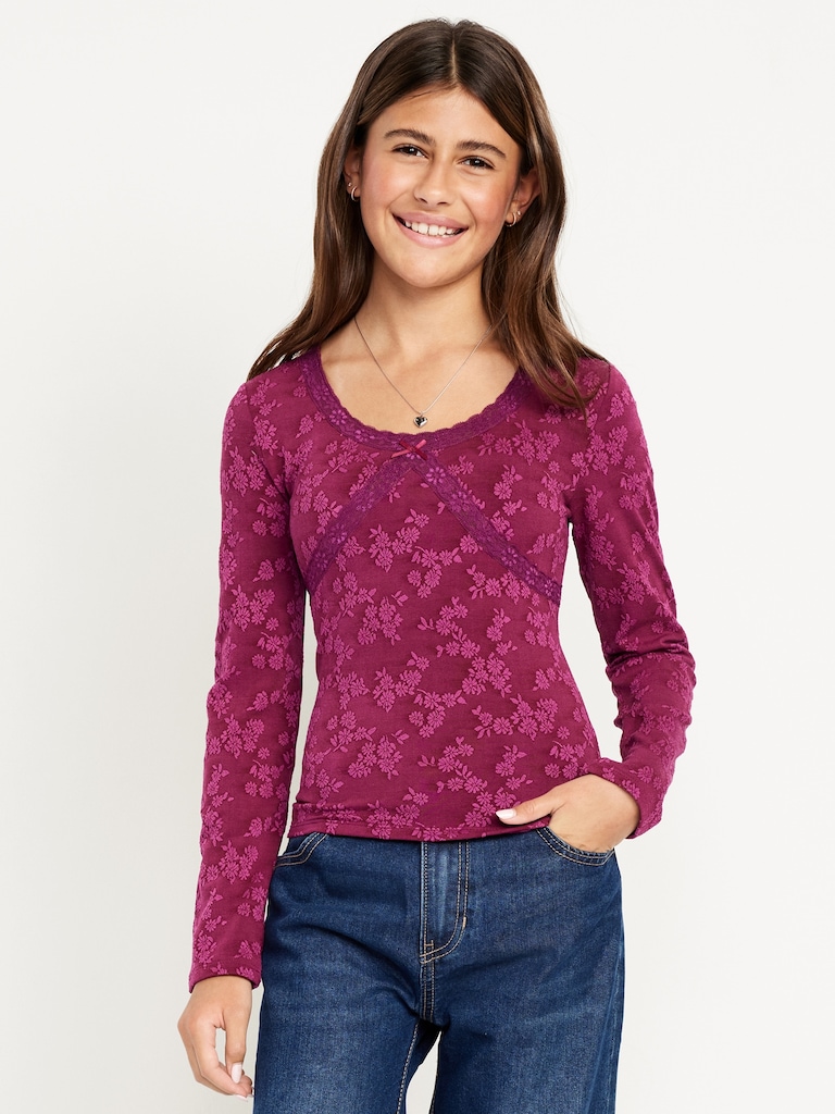 Fitted Long-Sleeve Lace-Trim Top for Girls