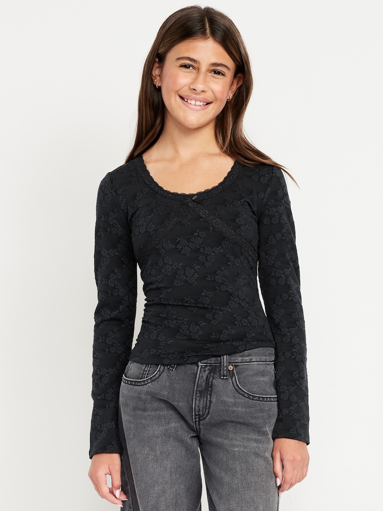 Fitted Long-Sleeve Lace-Trim Top for Girls