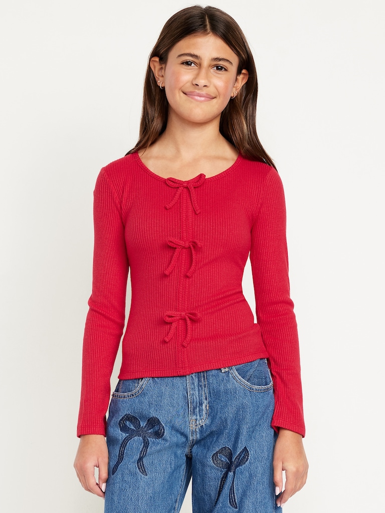 Fitted Long-Sleeve Ribbed Bow-Tie Top for Girls