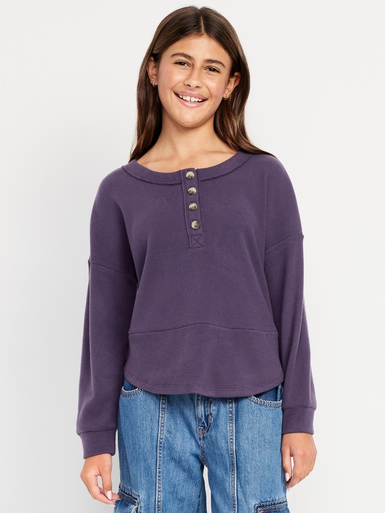 CozePlush Oversized Thermal-Knit Henley Top for Girls