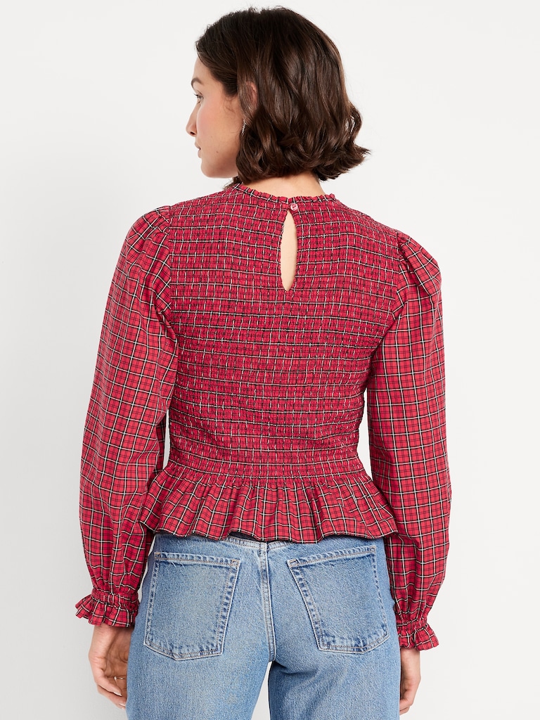 Long-Sleeve Plaid Smocked Top