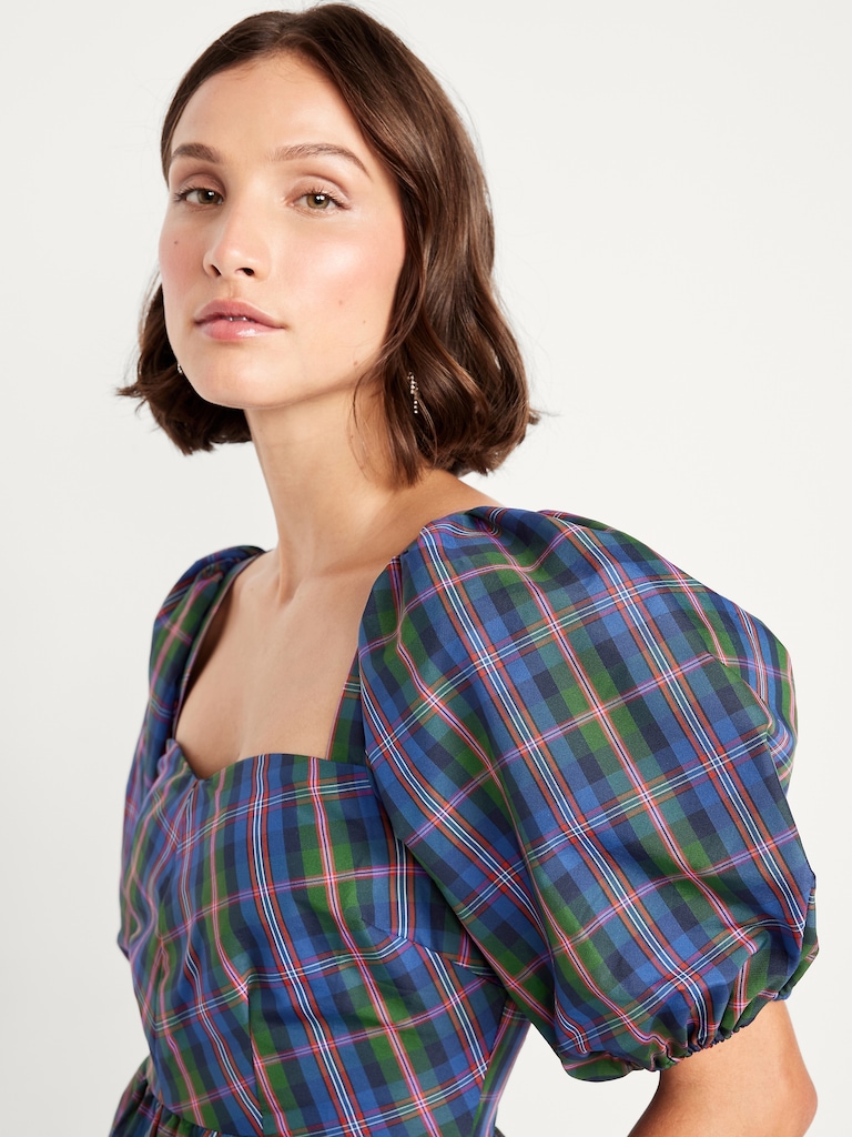 Puff-Sleeve Plaid Fit & Flare Taffeta Mini Dress