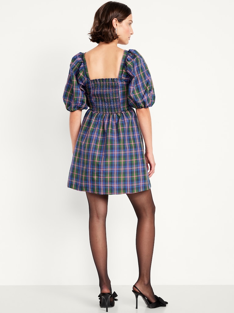 Puff-Sleeve Plaid Fit & Flare Taffeta Mini Dress