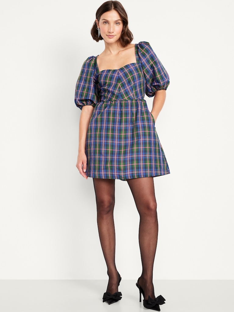 Puff-Sleeve Plaid Fit & Flare Taffeta Mini Dress