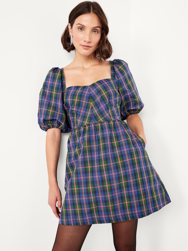 Puff-Sleeve Plaid Fit & Flare Taffeta Mini Dress