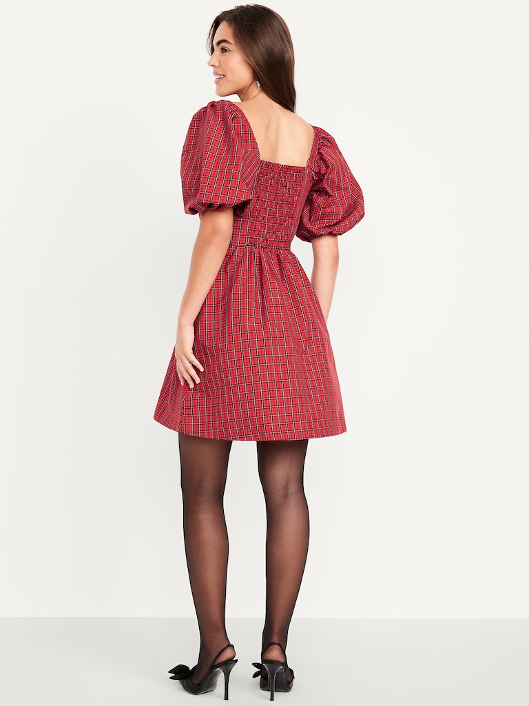 Puff-Sleeve Plaid Fit & Flare Taffeta Mini Dress