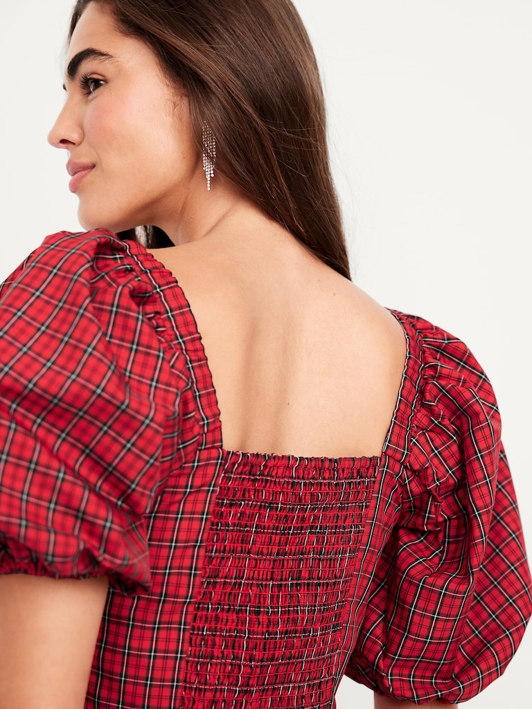 Puff-Sleeve Plaid Fit & Flare Taffeta Mini Dress