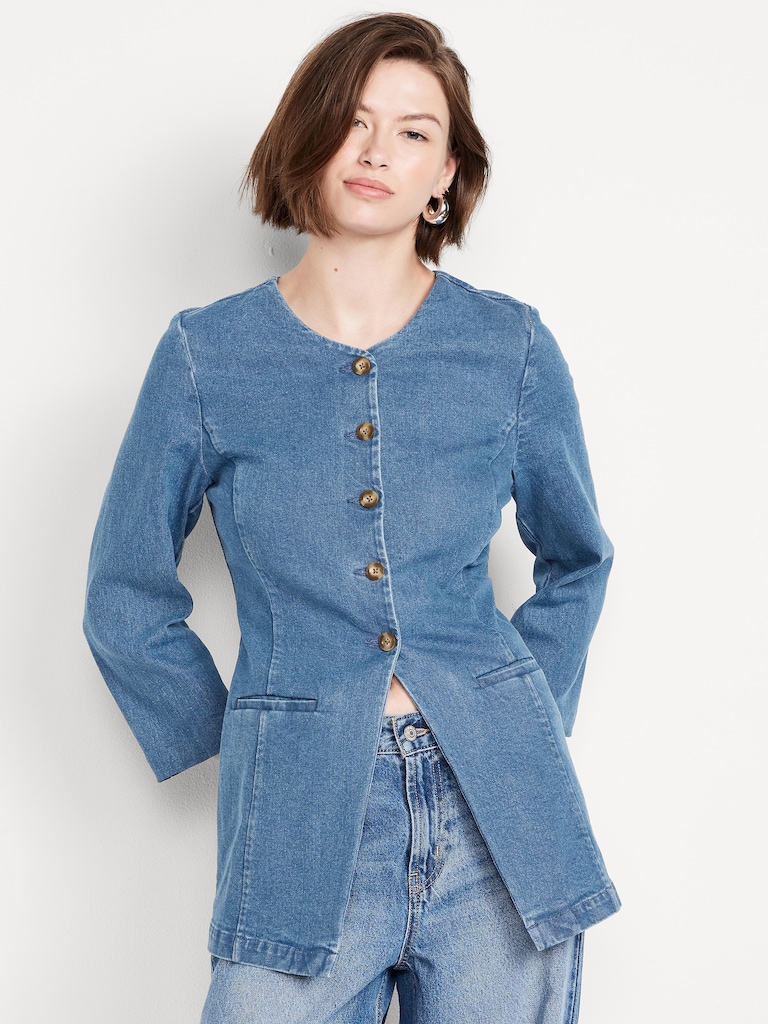 Fitted Collarless Denim Blazer
