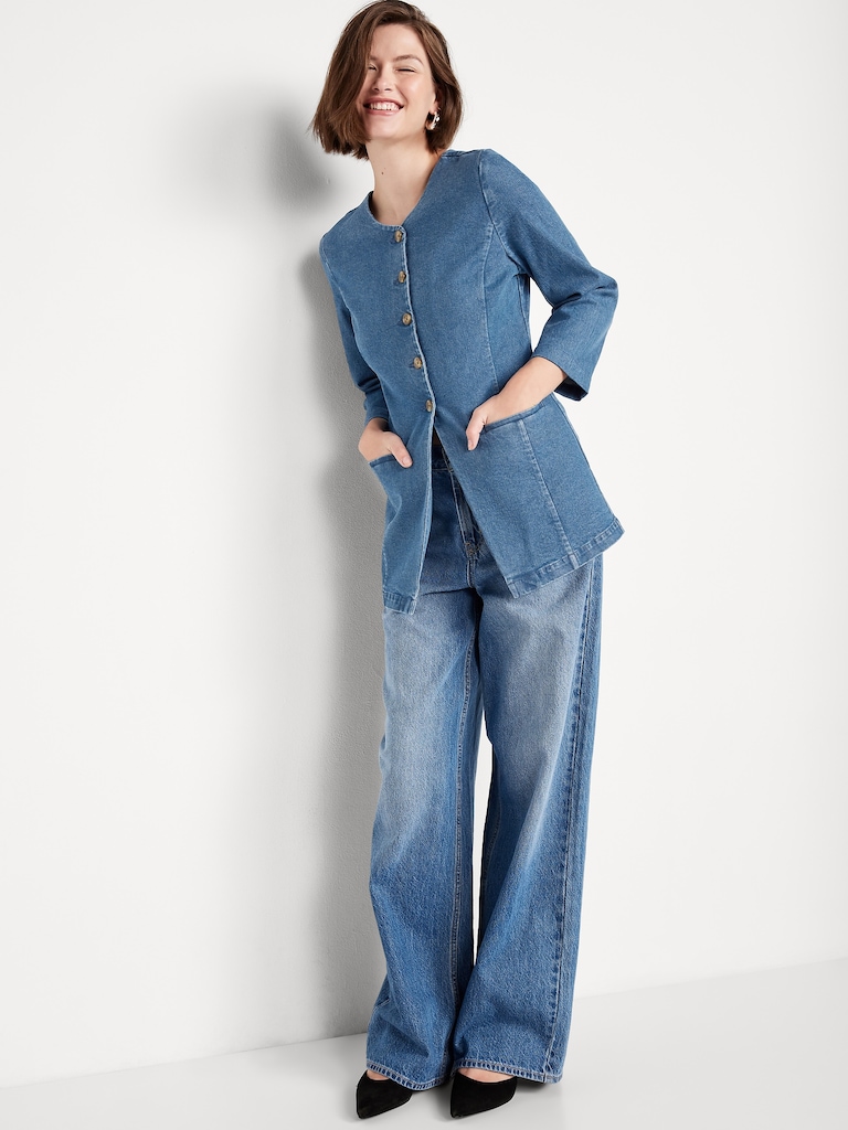 Fitted Collarless Denim Blazer